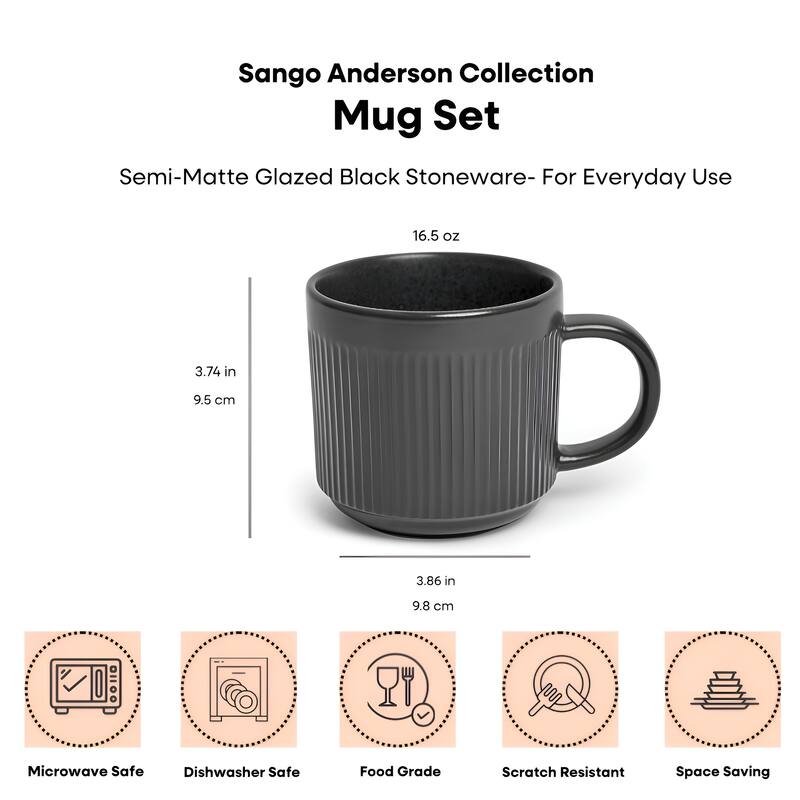 Sango Anderson Black Coffee Mugs Set of 4, 16.5 oz Ceramic Tea Cups