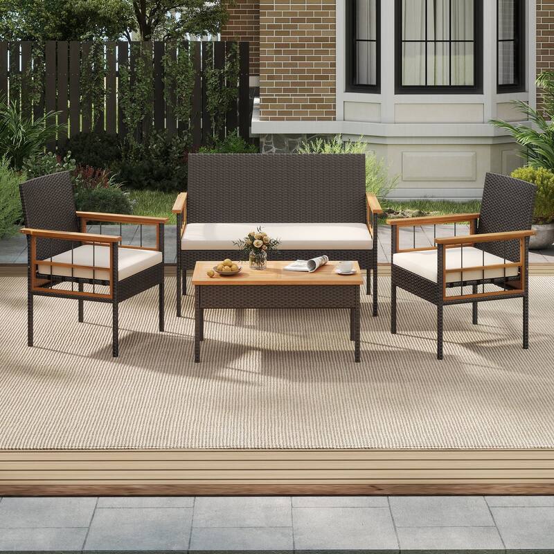 Gymax Set of 8 Wicker Furniture Set w/Acacia Wood Tabletop Armrests