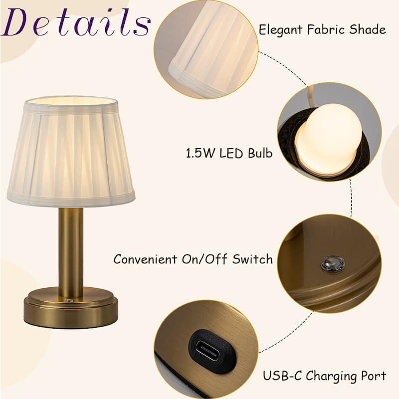 11'' Vintage Rechargeable Cordless LED Table Lamp Touch Control Mini Desk Lamp with Fabric Shade for Bedroom Living Room(2 Pack)