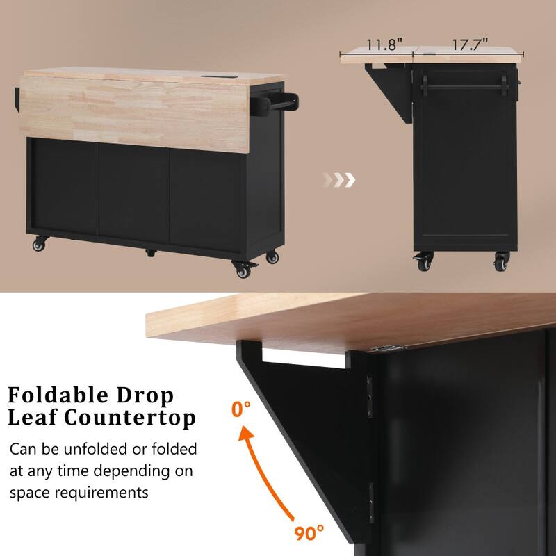 56.5'' Kitchen Island with Drop Leaf, Power Outlet, Embossed Vertical Stripe and Adjustable Shelves
