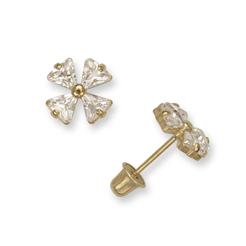 Curata 14k Yellow Gold Four Leaf Clover Cubic Zirconia Screw Back Earrings