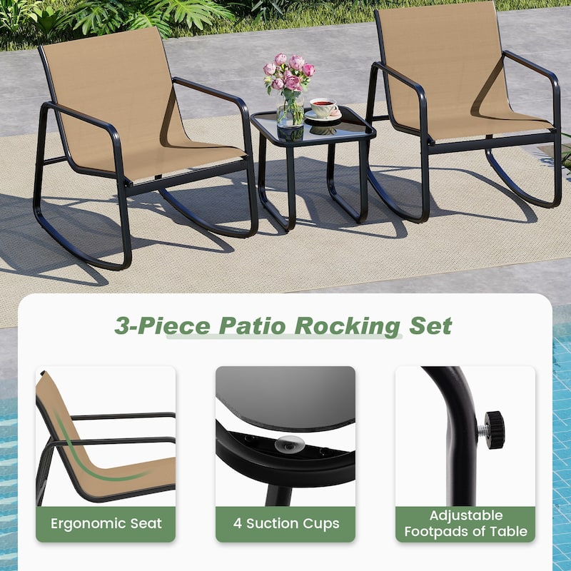 Gymax Set of 3 Patio Rocking Set 2 Rocking Bistro Chairs & Glass-Top