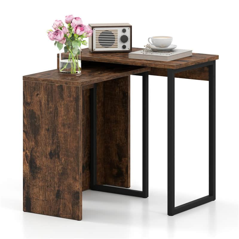 Rustic Brown-Black Metal and Engineered Wood Nesting End Tables Set - Large Table: 20" x 12" x 21"