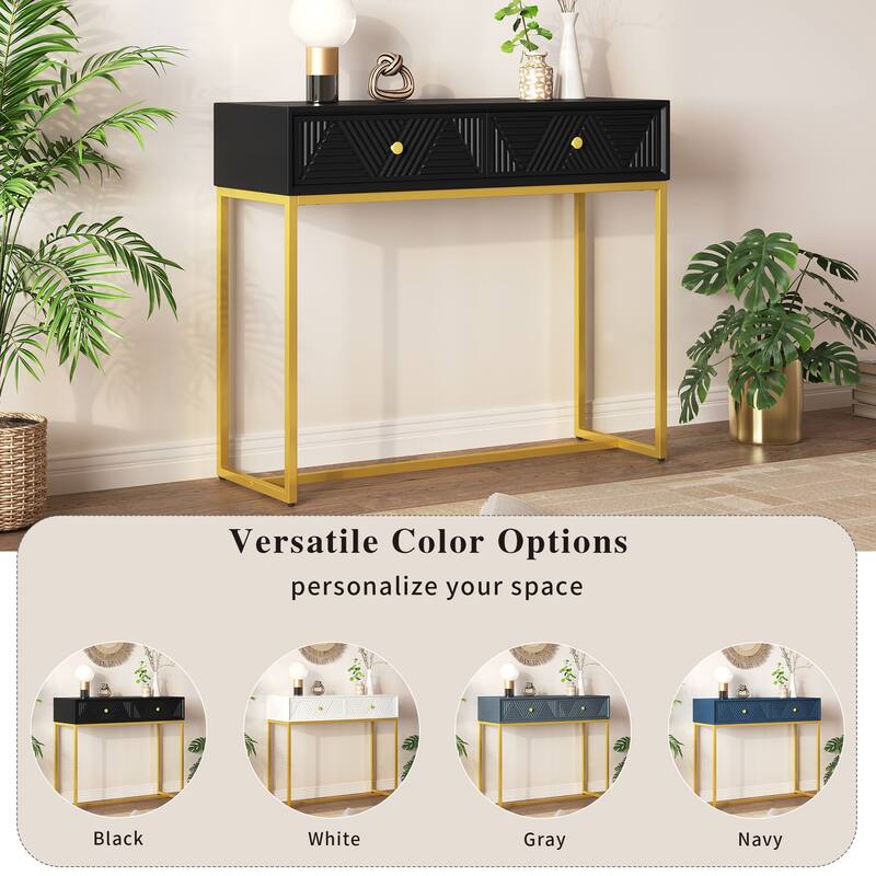 38" Modern Console Table with Two Drawers and Gold Metal Base for Entryway, Living Room