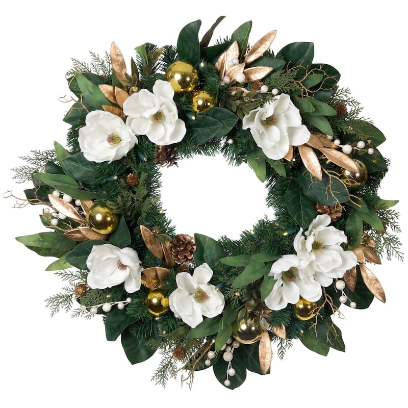 30 in. Lighted Christmas Wreath - White Gold Magnolia - 30 Inch