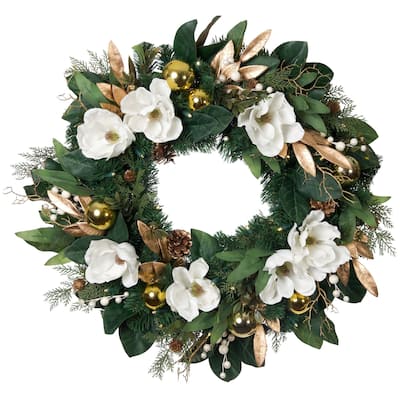 30 in. Lighted Christmas Wreath - White Gold Magnolia - 30 Inch