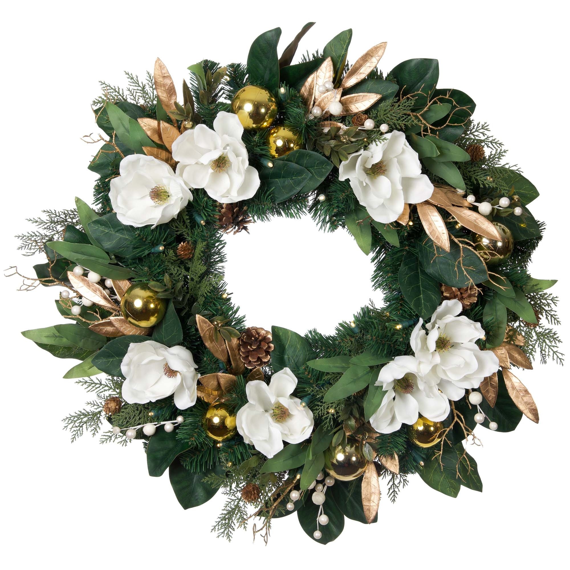 30 in. Lighted Christmas Wreath - White Gold Magnolia - 30 Inch