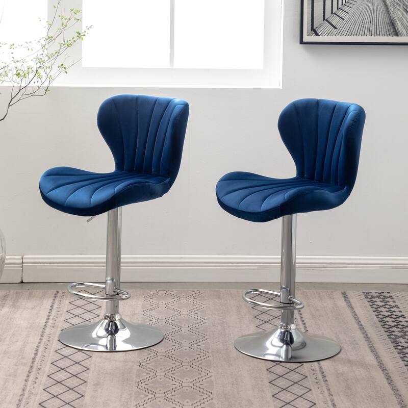 Set of 2 Adjustable Swivel Barstools with Upholstered Bucket Seats and Chrome Footrest.
