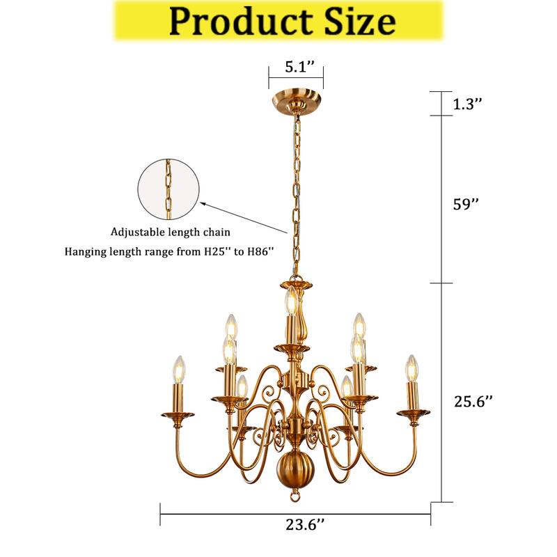CraftHome Dimmable French Country Chandelier in Antique Brass Adjustable Vintage Candle Style Pendant Lighting for Dining Room