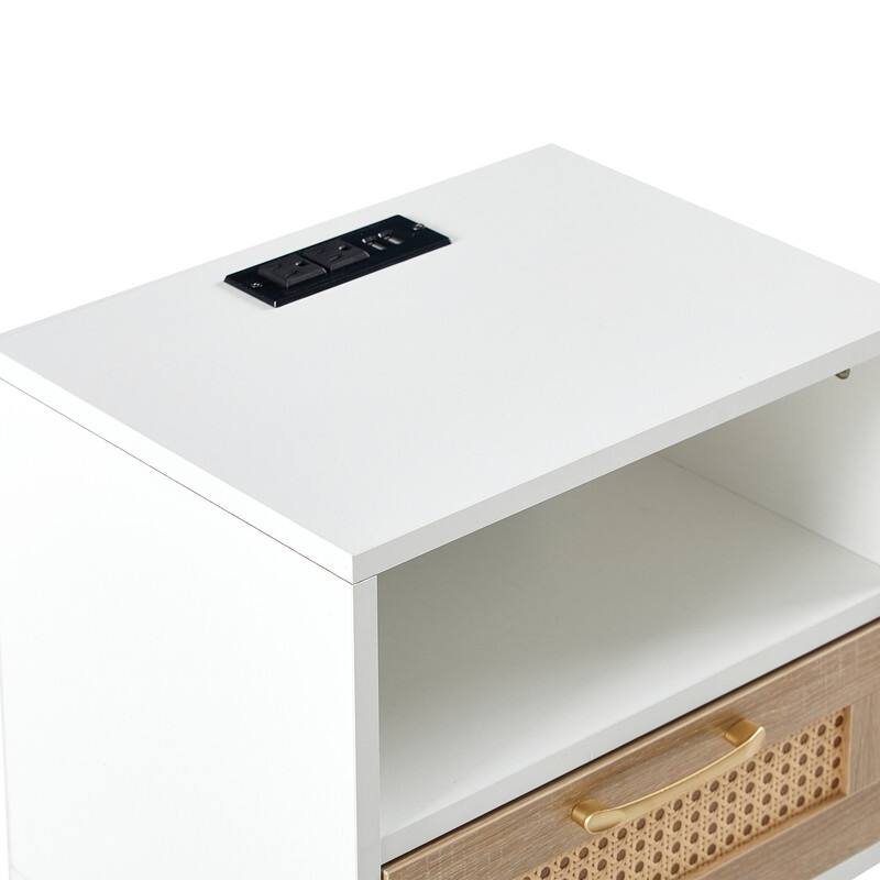 Mid-Century End Table with Drawer and Charging Station Rattan Nightstand-White