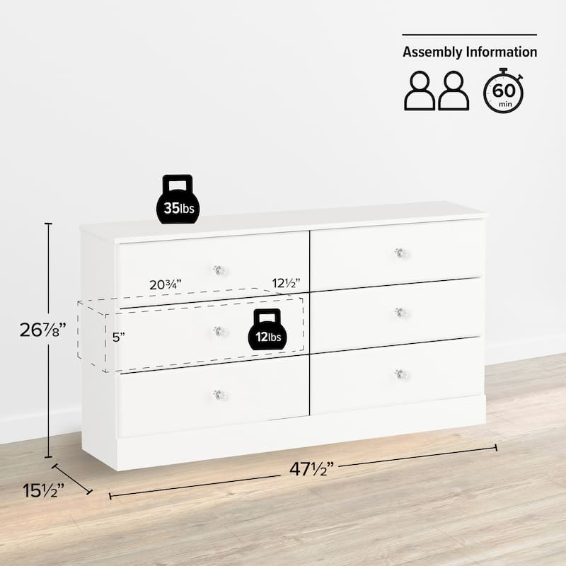 Prepac Astrid 6 Drawer Double Dresser for Bedroom, Wide Chest of Drawers, Bedroom Furniture,Traditional Furniture