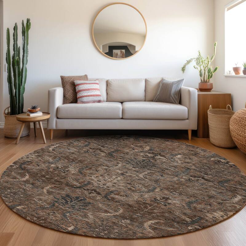 Machine Washable Indoor/ Outdoor Boho Traditional Chantille Rug - Fudge - 8' x 8'