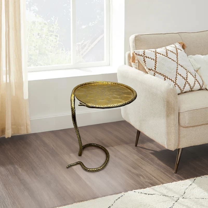 22 Inch Side End Table, Handcrafted Textured Snake Skin Pattern Base, Brass Aluminum