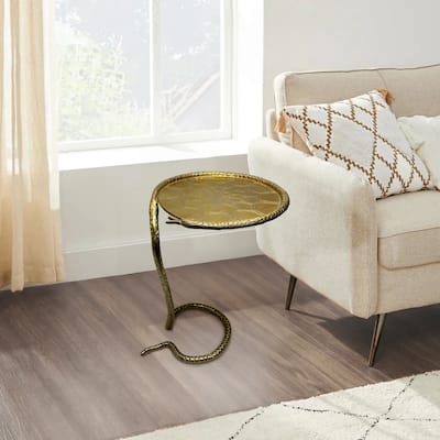 22 Inch Side End Table, Handcrafted Textured Snake Skin Pattern Base, Brass Aluminum