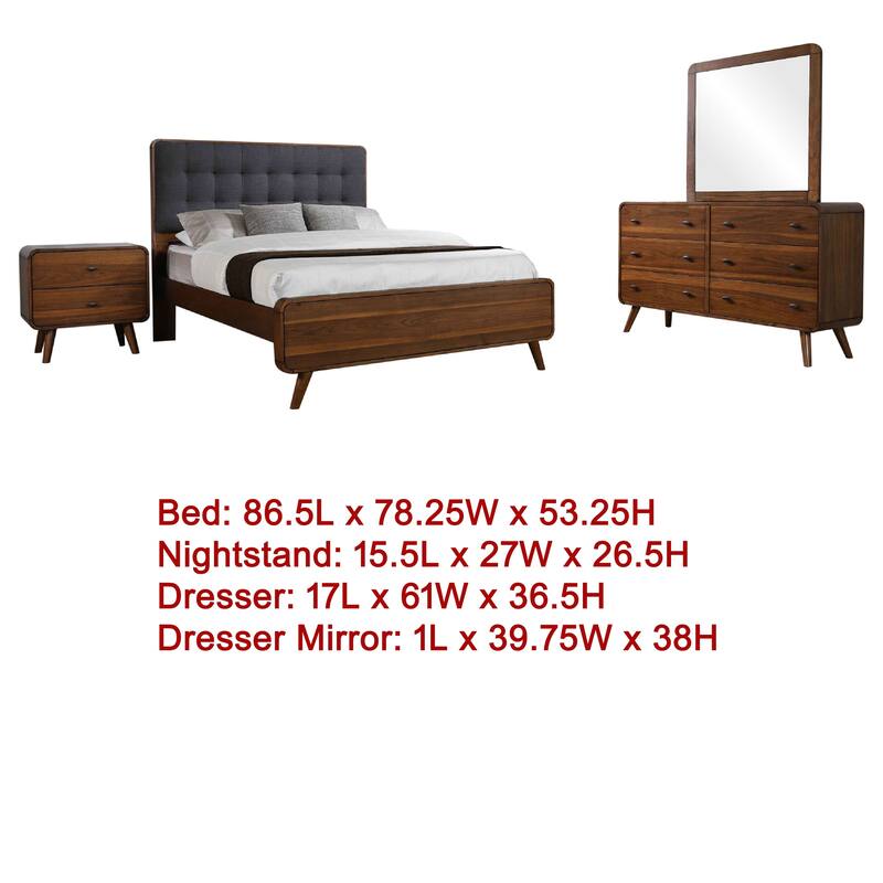 Ryb 4pc Bedroom Set with King Bed, Walnut Brown, Dark Gray Upholstery