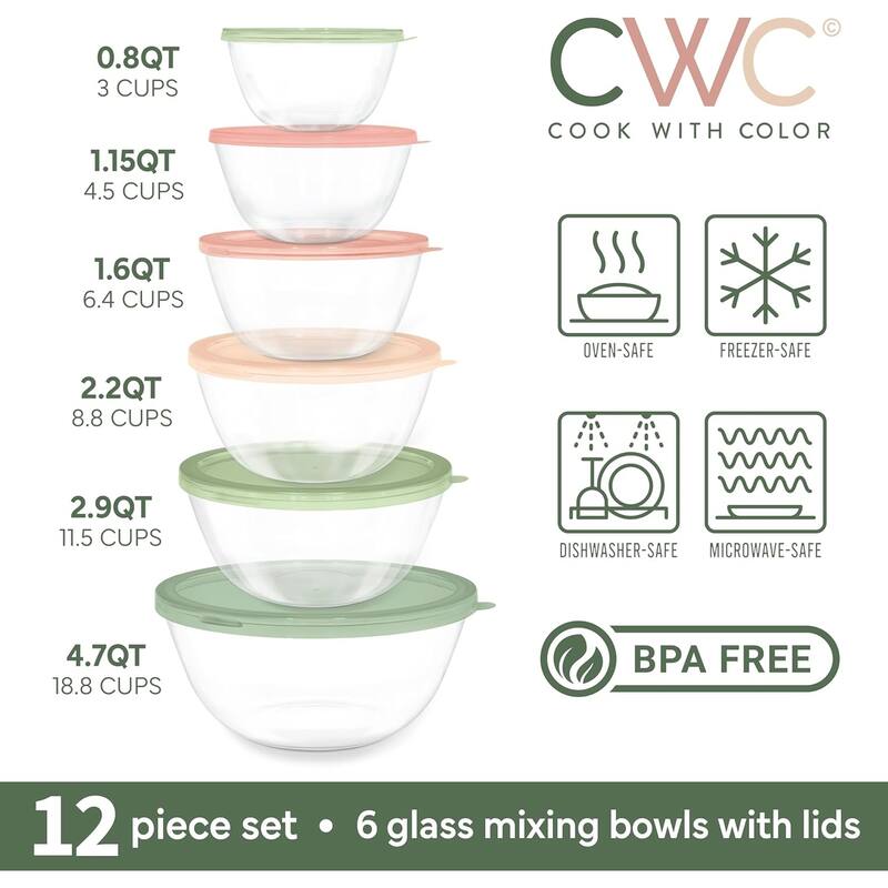 COOK WITH COLOR 12 Pc Glass Nesting Mixing Bowl Set with Lids for Cooking and Prep