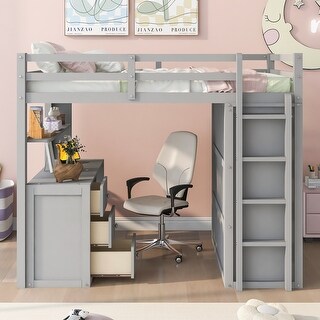 Multifunctional Design Loft Bed with Built-in Drawers, Desk and Wardrobe, Efficient space, Full size, Grey