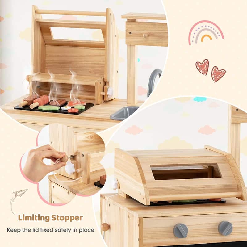 Kids Kitchen Playset Wooden Kids BBQ Grill Playset w/Blackboard