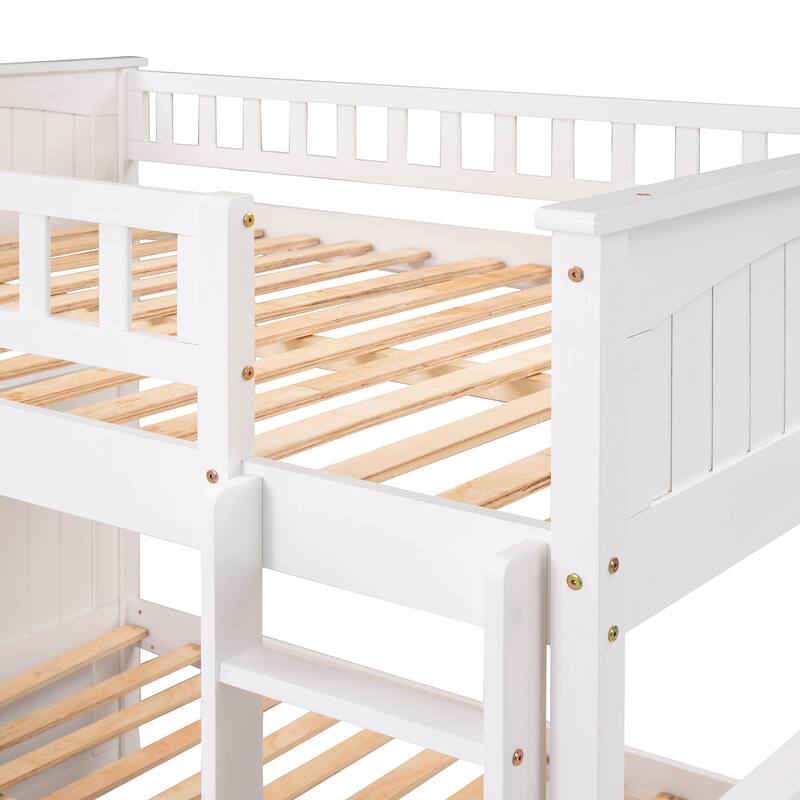 Full Over Full Bunk Bed with Twin Size Trundle, Pine Wood Bunk Bed Frame, Space-Saving Design with Guardrails
