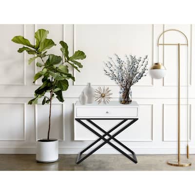 Koda Wooden Side Table Nightstand w/ Glass Top, Drawer and Metal Base