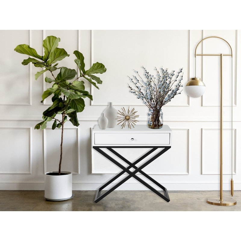 Koda Wooden Side Table Nightstand w/ Glass Top, Drawer and Metal Base