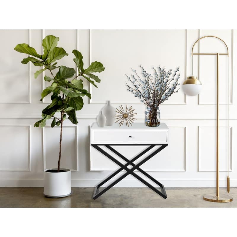Wooden End Side Table Nightstand with Glass Top, Drawer and Metal Cross Base