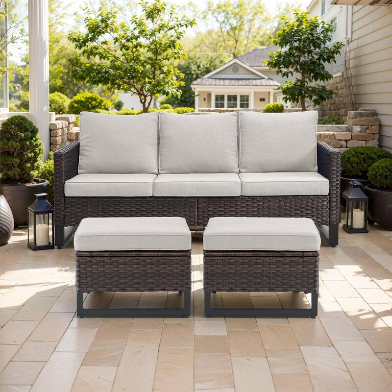 Gymojoy Outdoor Patio Wicker Sofa with Ottomans - Brown - Beige