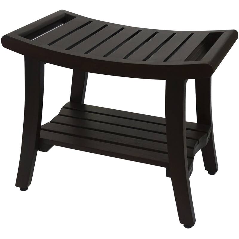 HomeRoots 24" Dark Brown Freestanding Teak Shower Bench With Shelf And Handles