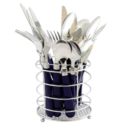 16 Piece Stainless Steel Silverware Set with Navy Handles and Silver Organizer