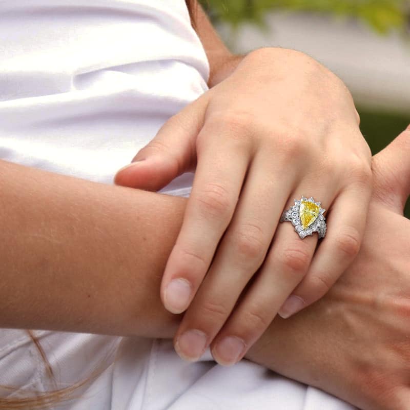Miadora 3 1/7ct TDW Yellow Pear Cut 2 1/3ct TDW White Diamond Halo Engagement Ring in 18k White Gold