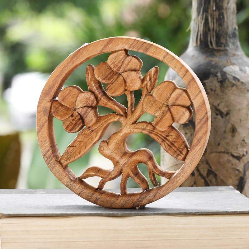 Novica Handmade Little Frangipani Wood Relief Panel