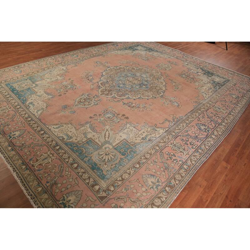 Geometric Tabriz Persian Area Rug Hand-Knotted Traditional Wool Carpet - 9'10"x 12'8"