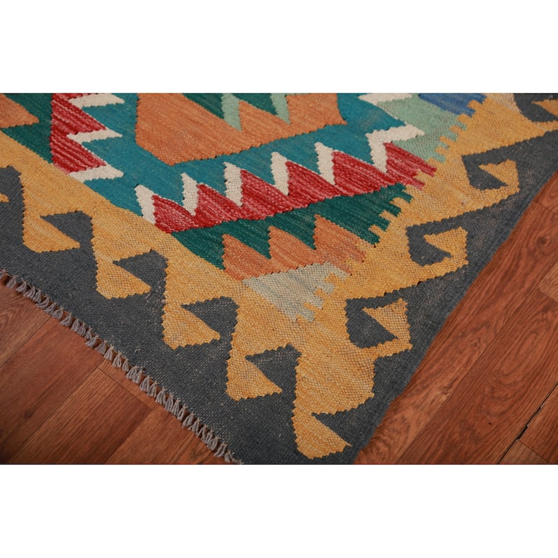 Hand Woven Oriental 100% Wool Carpet Southwestern Geometric Multi-Colored Kilim Runner Rug - 12' 8'' X 2' 9''