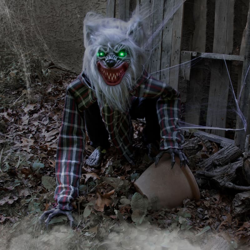 Haunted Hill Farm Smiley the Animatronic Squatting Werewolf with Movement, Sounds, and Light-Up Eyes for Halloween Decoration