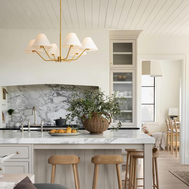 6-Light Mid-Century Modern Brass Chandelier with White Fabric Shades - Gold Finish Ceiling Light Fixture for Living Room