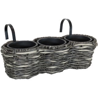 Sunnydaze Round Polyrattan Over-the-Rail Tri-Planter - Charcoal - Black|Black