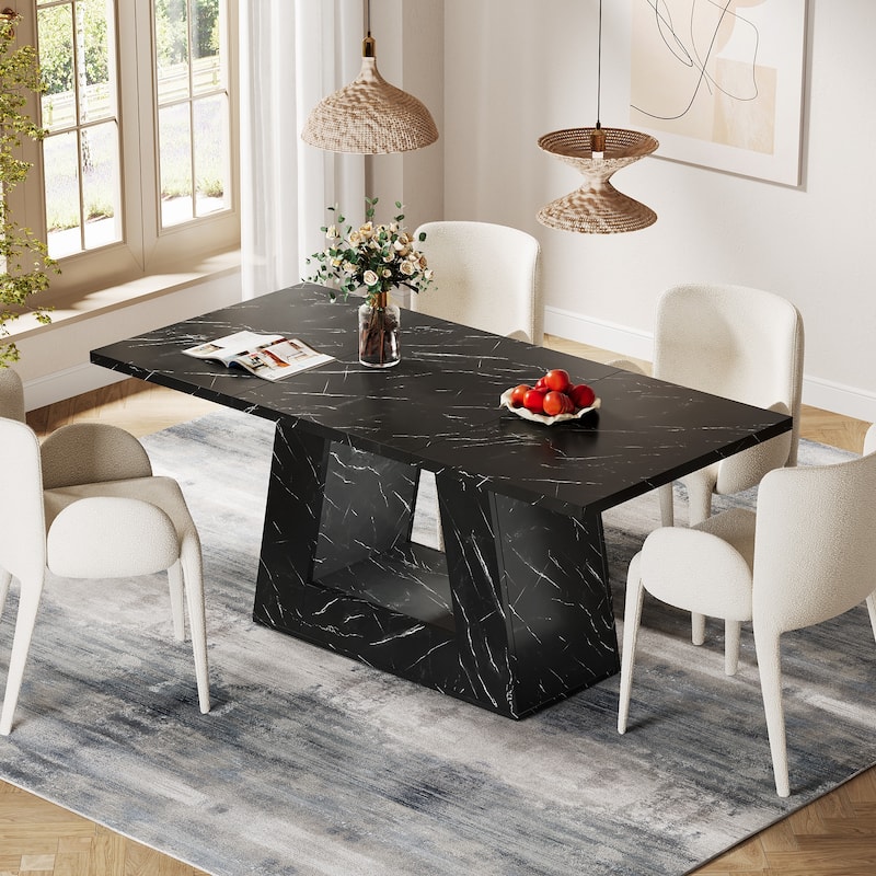 Farmhouse Modern Wooden Faux Marble Dinner Table with Sturdy Base