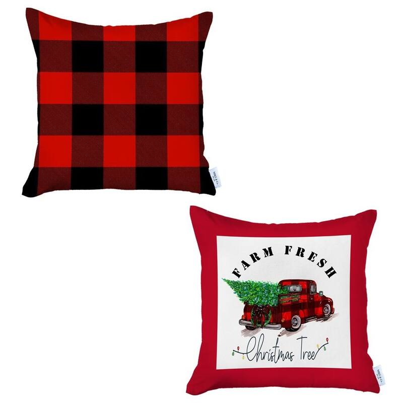 HomeRoots Set of 2 Red Plaid and Red Truck Throw Pillow Covers