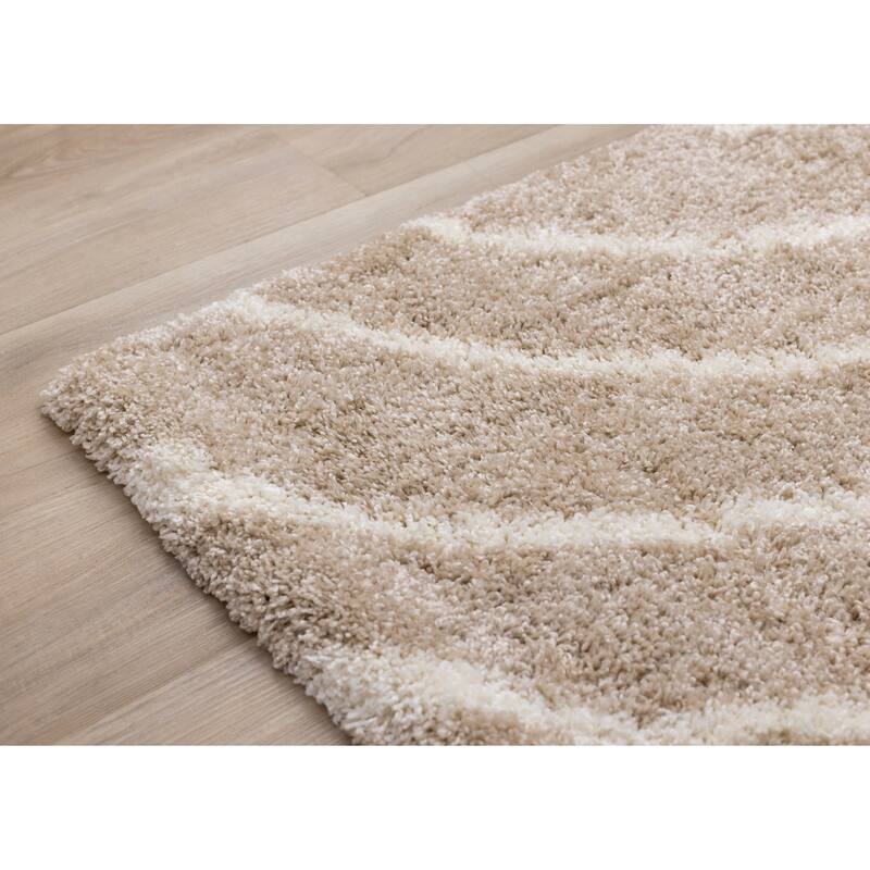 Taupe Cream Curved Lines Shag Living Rug