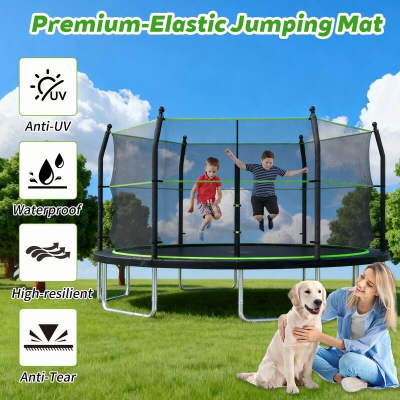 Toddler Trampoline - Safety Enclosure, Basketball Hoop & Ball, Indoor Outdoor Use - Black+Green - 168