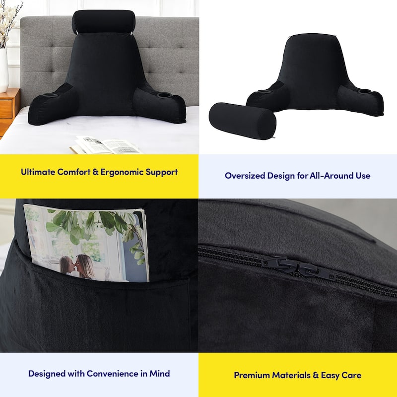 Sweet Home Collection Large Oversized Reading and Bed Rest Pillow with Cup Holders