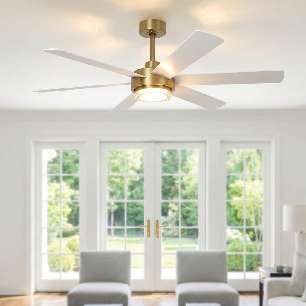 54" Modern Brushed Gold Plywood Dimmable Ceiling Fan with LED Light and Remote