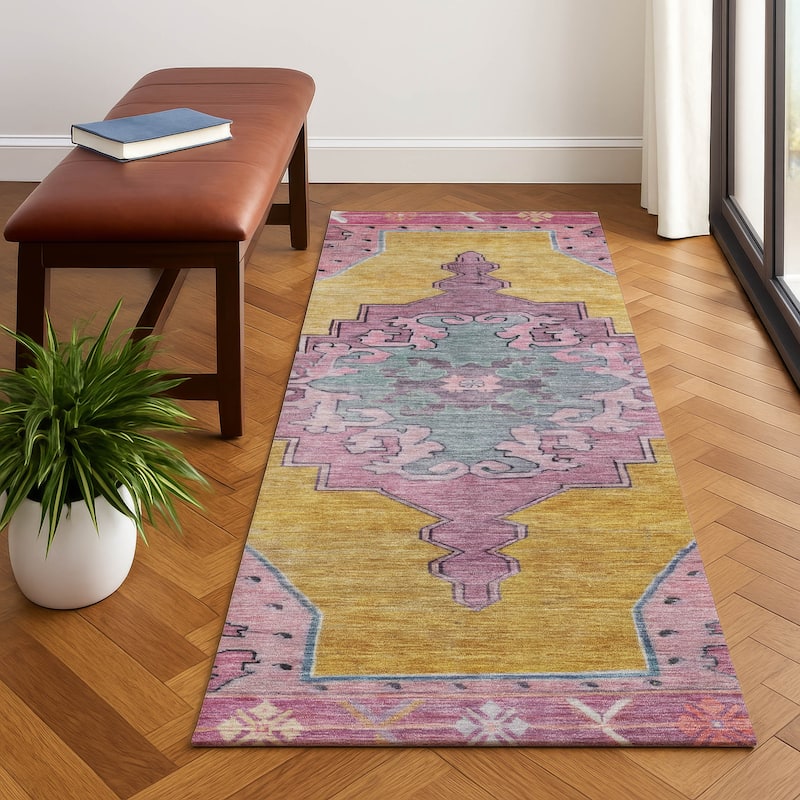 Premium Washable Super Soft Vintage Traditional Mayfield Rug - Gold - 2'3" x 7'6"