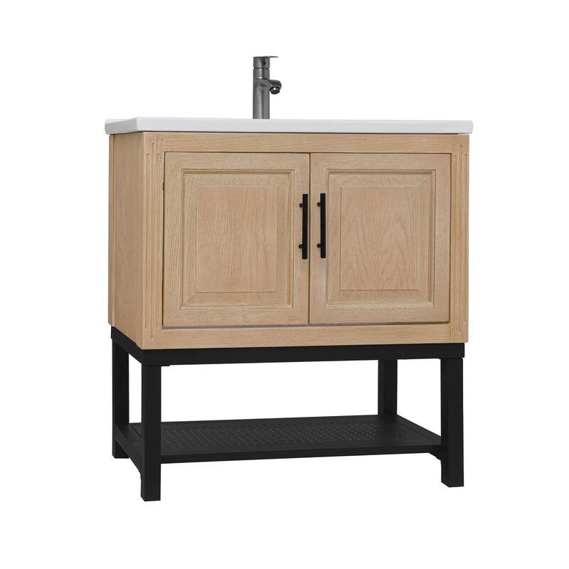 32" Bathroom Vanity with White Ceramic Sink & Hot and Cold Faucet, Freestanding Bathroom Cabinet with 2 Storage Doors
