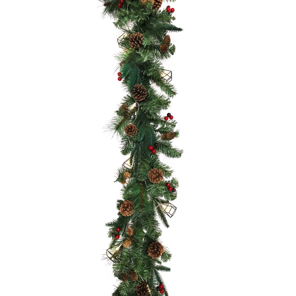 6ft Artificial Mixed Berry Pine Cone & Pine Christmas Garland with Geometric Pyramid String Light Set - 72" L x 9" W x 6" DP