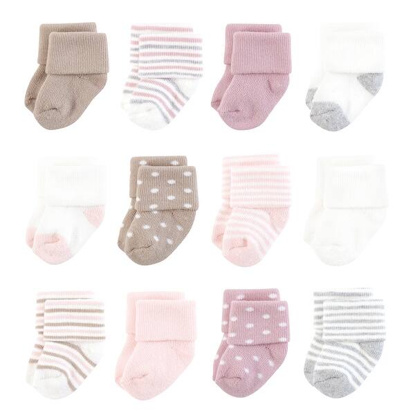 slide 1 of 1, Hudson Baby Infant Girl Cotton Rich Newborn and Terry Socks, Soft Pink Dot Stripe Soft Pink Dot Stripe - 0-6 Months