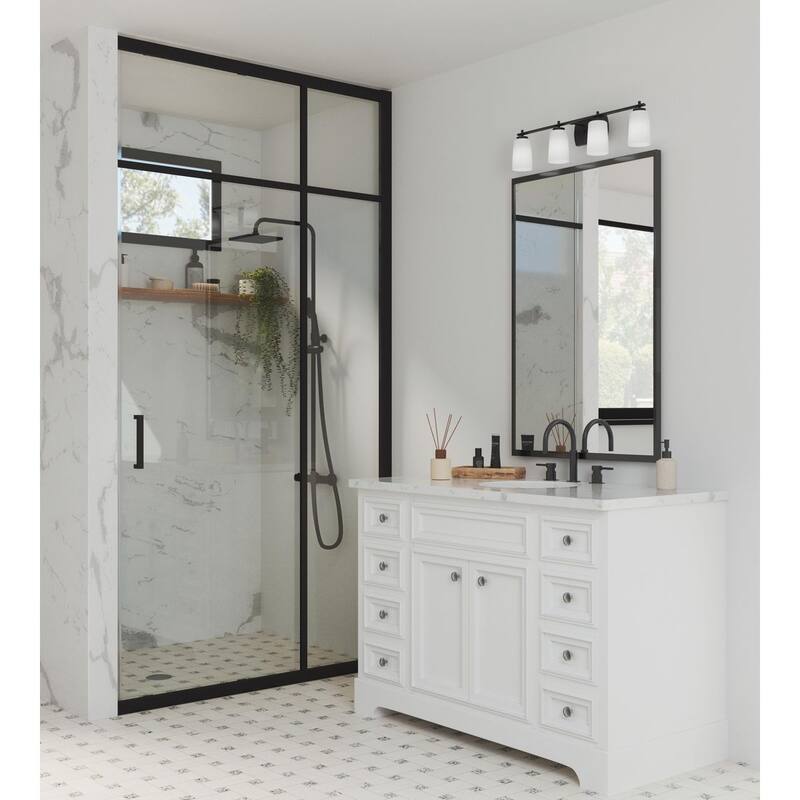 Adley Collection Four-Light Matte Black Etched Opal Glass New Traditional Bath Vanity Light - 32 in x 6 in x 7.625 in