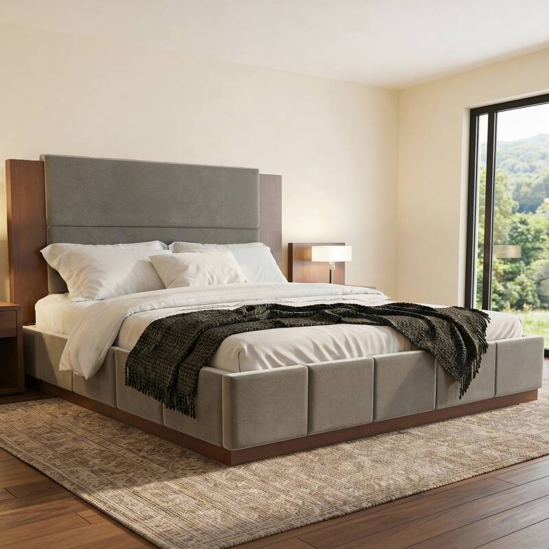 Velvet Upholstered Platform Bed Frame with 49" High Headboard, Stable Solid Wood Base, Wooden Slat Support, Noise-Free Structure - Grey - King