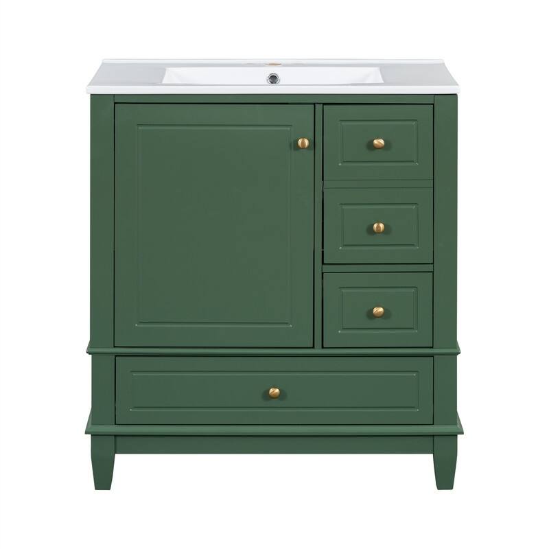 30" Bathroom Vanity with Ceramic Sink, Freestanding Bathroom Vanity Cabinet w/ 3 Storage Drawers, 1 Soft Close Door & Door Shelf