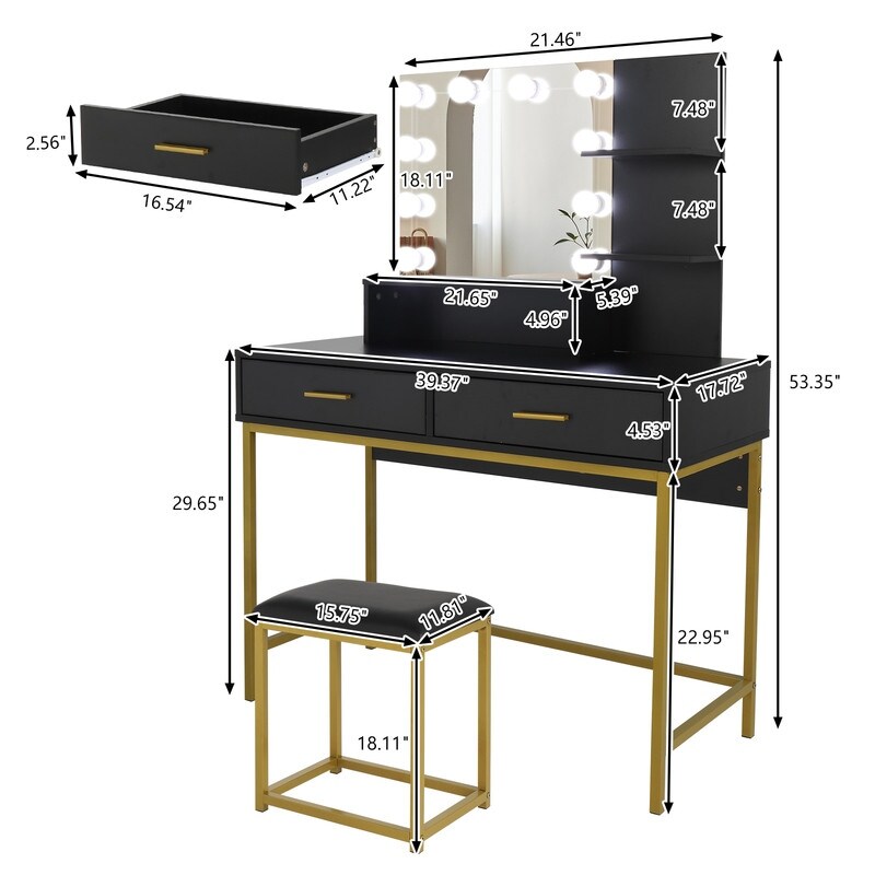 Large Vanity Set Dressing Table Dresser Desk for Women Girls Bedroom White Black
